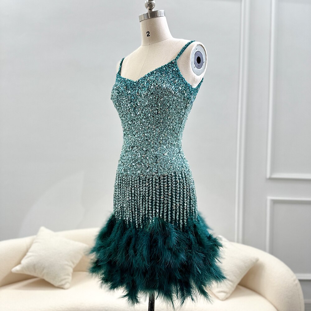 Dreamy Vow Emerald Green Short Mini Cocktail Party Dresses for Women Wedding 2023 Luxury Feathers Pink Evening Club Gowns 173