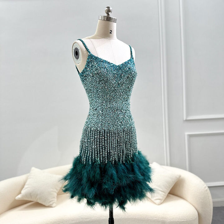 Dreamy Vow Emerald Green Short Mini Cocktail Party Dresses for Women Wedding 2023 Luxury Feathers Pink Evening Club Gowns 173