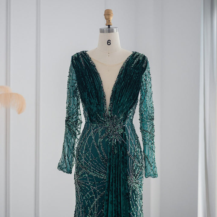 DreamyVow Emerald Green Velvet Mermaid Evening Dresses Long Sleeves Luxury Dubai Arabic Women Wedding Guest Party Dress 500