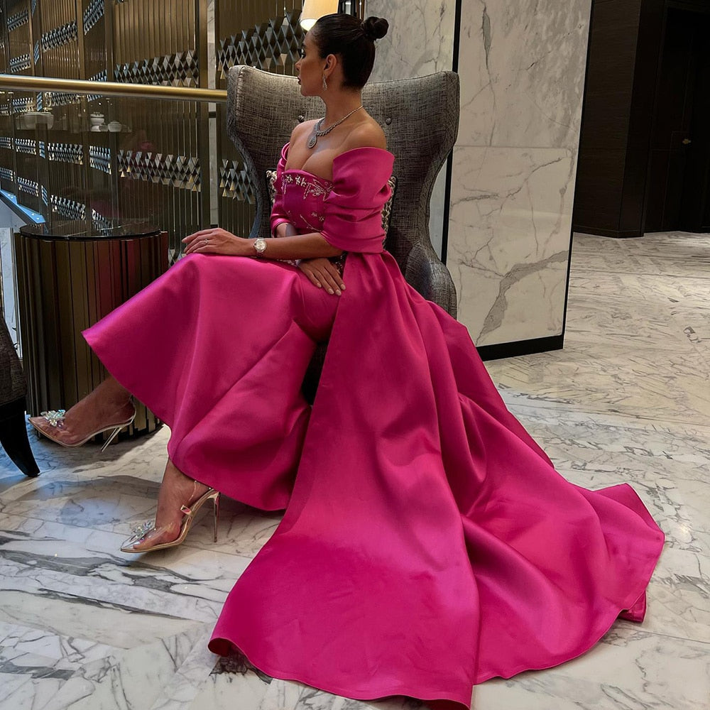 Dreamy Vow Fuchsia Mermaid Dubai Luxury Evening Dresses with Cape Shawl 2023 Arabic Women Long Wedding Party Guest Gowns 296