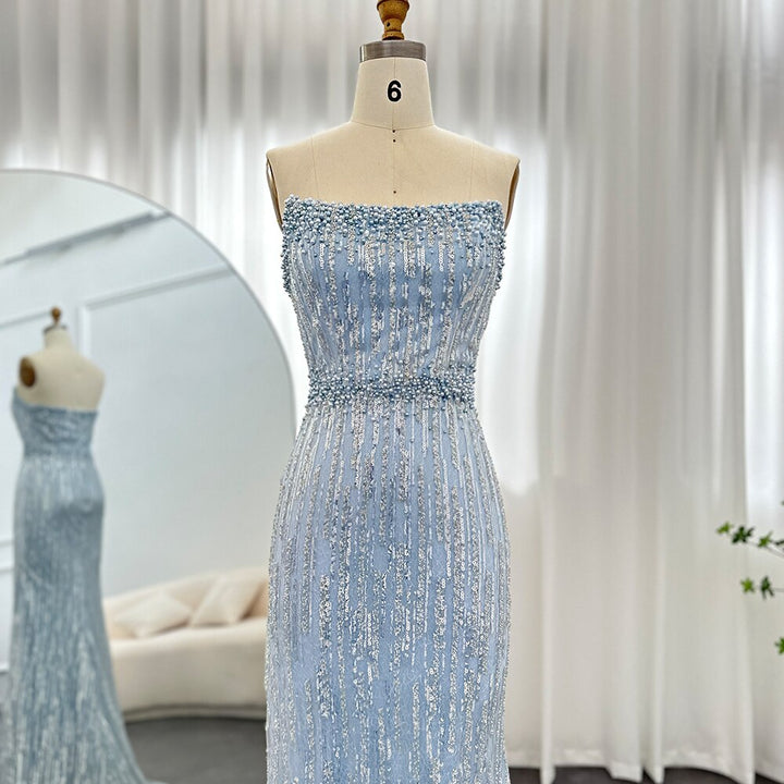 DreamyVow Light Blue Pearls Luxury Dubai Evening Dresses 2023 Elegant Strapless Arabic Women Wedding Party Formal Gowns 395
