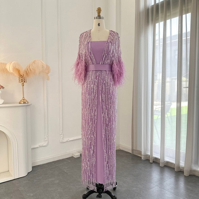Dreamy Vow Light Yellow Luxury Dubai Feathers Evening Dresses for Women Wedding Party Arabic Purple Formal Prom Gowns 430