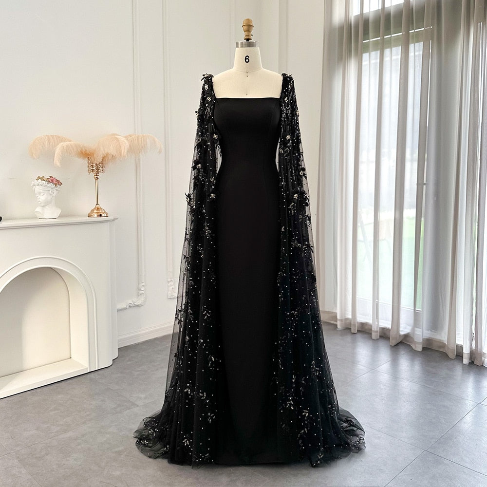 Dreamy Vow Luxury 3D Flowers Black Satin Arabic Evening Dress with Cape Elegant Mermaid Long Women Formal Party Gowns 479