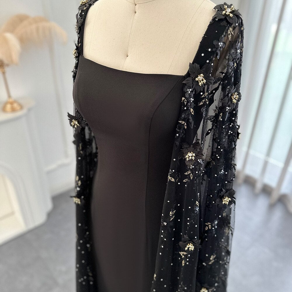 Dreamy Vow Luxury 3D Flowers Black Satin Arabic Evening Dress with Cape Elegant Mermaid Long Women Formal Party Gowns 479