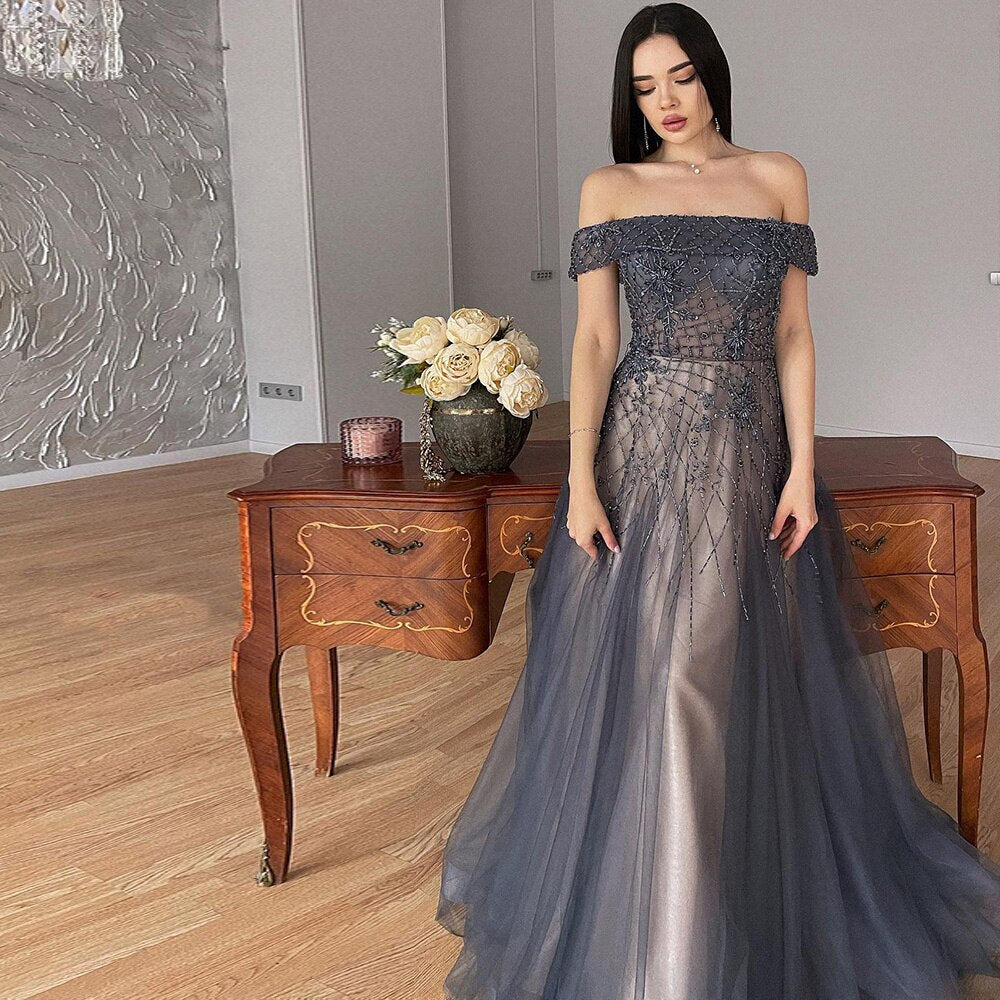 Dreamy Vow Luxury Arabic Off Shoulder Navy Blue Evening Dress Long Elegant Engagement Dresses for Women Wedding Party 294