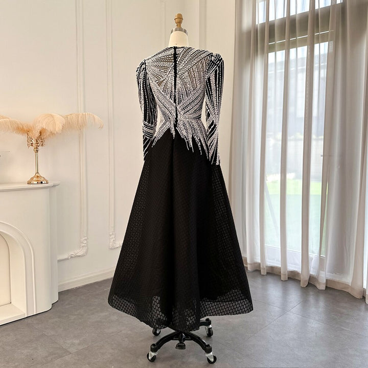 Dreamy Vow Luxury Black Short Muslim Evening Dress Long Sleeve 2023 Elegant A-Line Arabic Women Party Prom Formal Dresses 212