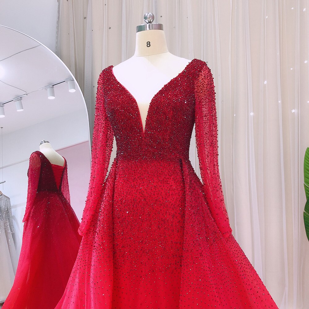 Dreamy Vow Luxury Crystal Burgundy Evening Dresses with Overskirt Long Sleeves Elegant Arabic Women Wedding Party Gowns 293