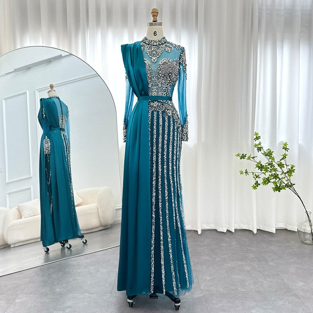 Dreamy Vow Luxury Crystal Dubai Muslim Evening Dress with Overskirt Gray Arabic Formal Dresses for Women Wedding Party 013