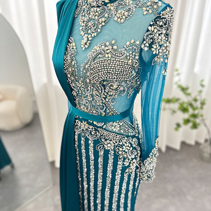 Dreamy Vow Luxury Crystal Dubai Muslim Evening Dress with Overskirt Gray Arabic Formal Dresses for Women Wedding Party 013