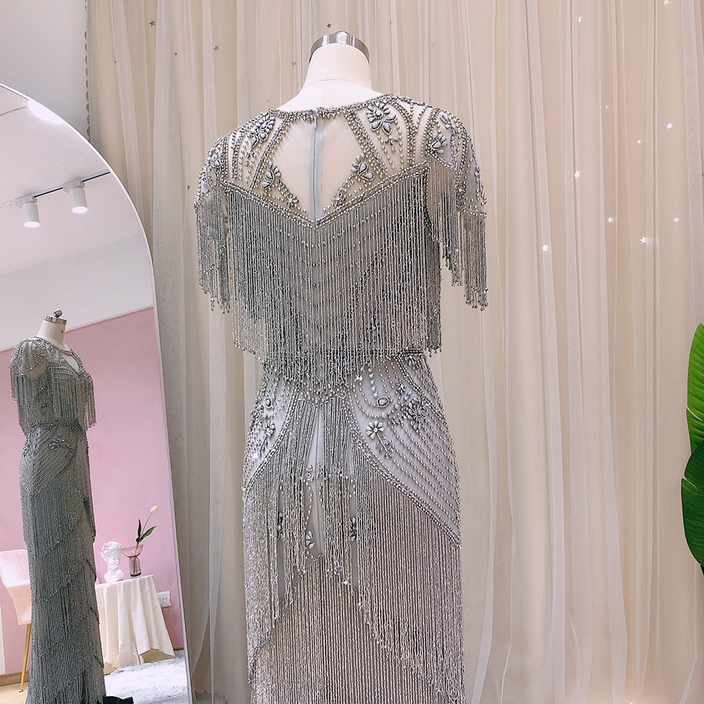 Dreamy Vow Luxury Dubai Beading Tassel Gray Evening Dresses Mermaid Arabic Formal Prom Dresses for Women Wedding Party 028