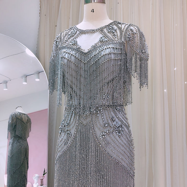 Dreamy Vow Luxury Dubai Beading Tassel Gray Evening Dresses Mermaid Arabic Formal Prom Dresses for Women Wedding Party 028