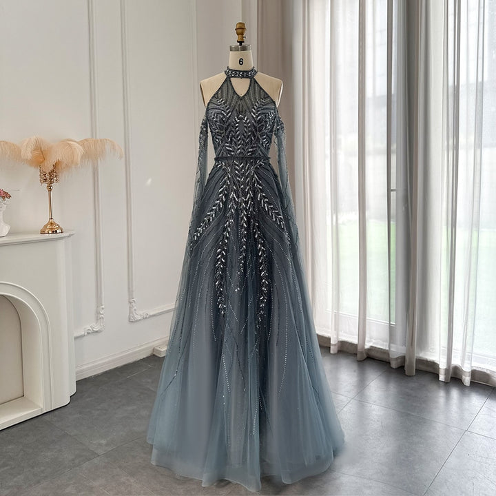 Dreamy Vow Luxury Dubai Blue Evening Dresses with Cape Sleeves Elegant Silver Gray Gold Women Wedding Party Gown In Stock 085