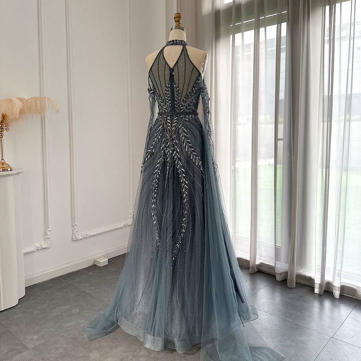 Dreamy Vow Luxury Dubai Blue Evening Dresses with Cape Sleeves Elegant Silver Gray Gold Women Wedding Party Gown In Stock 085