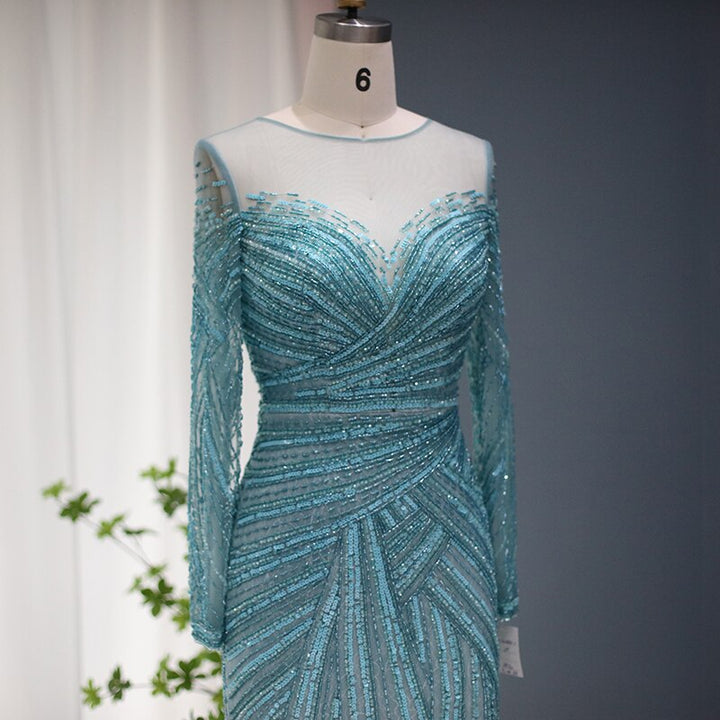 DreamyVow Luxury Dubai Blue Mermaid Evening Dresses for Women Wedding 2023 Elegant White Long Sleeve Formal Prom Gowns 112