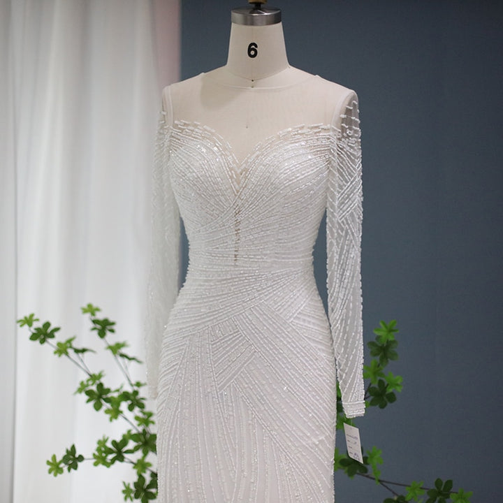 DreamyVow Luxury Dubai Blue Mermaid Evening Dresses for Women Wedding 2023 Elegant White Long Sleeve Formal Prom Gowns 112