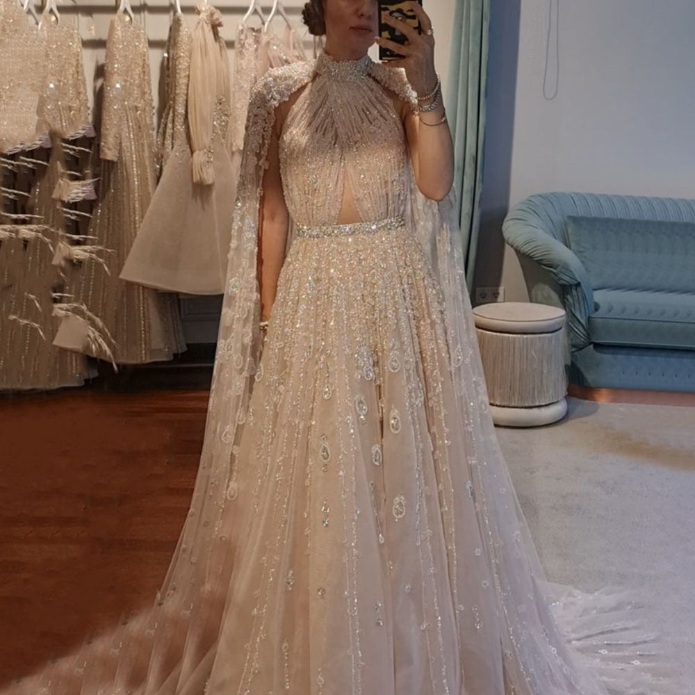 Dreamy Vow Luxury Dubai Evening Dress with Cape Sleeve 2023 Elegant Long Arabic Formal Dresses for Women Wedding Party 495