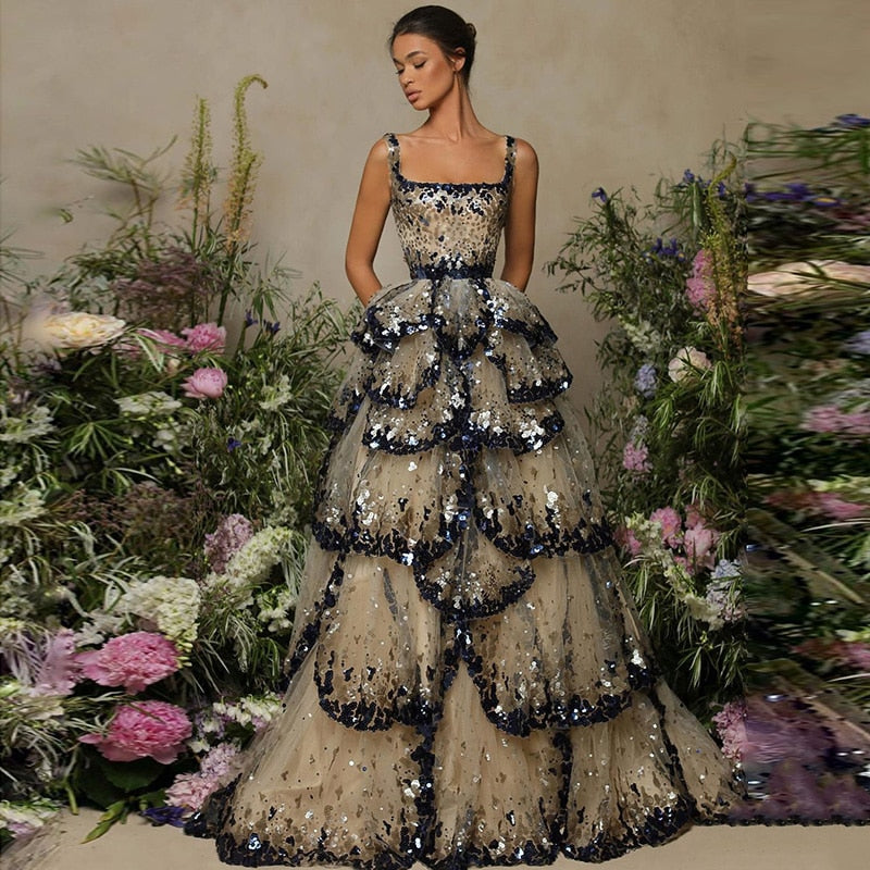 Dreamy Vow Luxury Dubai Evening Dresses 2023 Sparkly Sequin Tiered Ruffles Elegant Women Wedding Party Formal Gowns 243