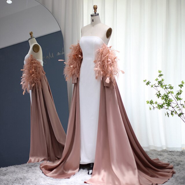 Dreamy Vow Luxury Dubai Feather Rose Pink Evening Dress with Cape Dubai Elegant Formal Dresses for Women Wedding Party 290