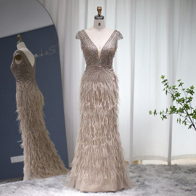 Dreamy Vow Luxury Dubai Feathers Brown Mermaid Evening Dress Arabic Long Pink Prom Formal Dresses For Women Wedding Party 036