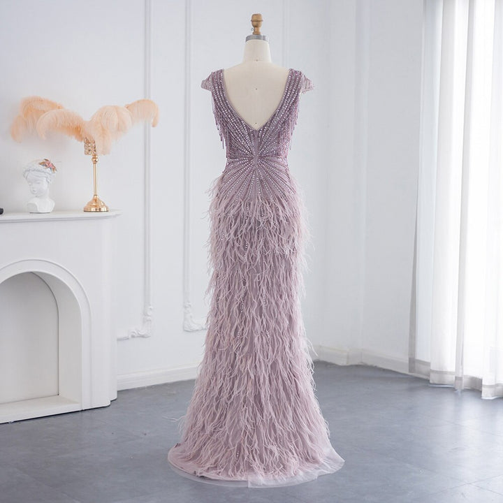 Dreamy Vow Luxury Dubai Feathers Brown Mermaid Evening Dress Arabic Long Pink Prom Formal Dresses For Women Wedding Party 036