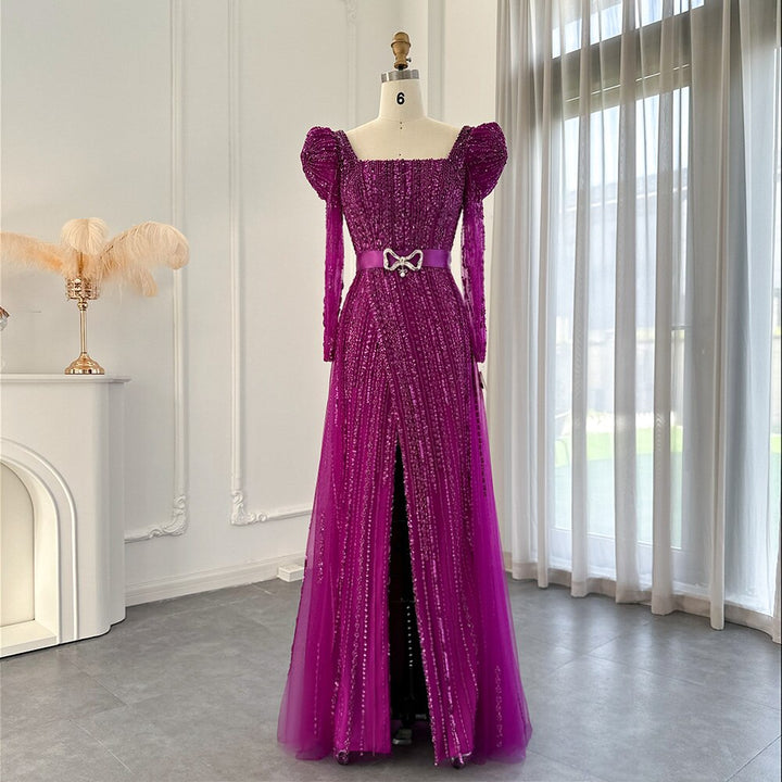 Dreamy Vow Luxury Dubai Fuchsia Evening Dresses for Women Wedding Elegant Long Sleeve Overskirt Arabic Formal Party Gowns 318