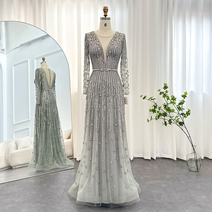 Dreamy Vow Luxury Dubai Gold Silver Evening Dress Long Sleeve Arabic Muslim Formal Prom Dresses for Women Wedding Party 126