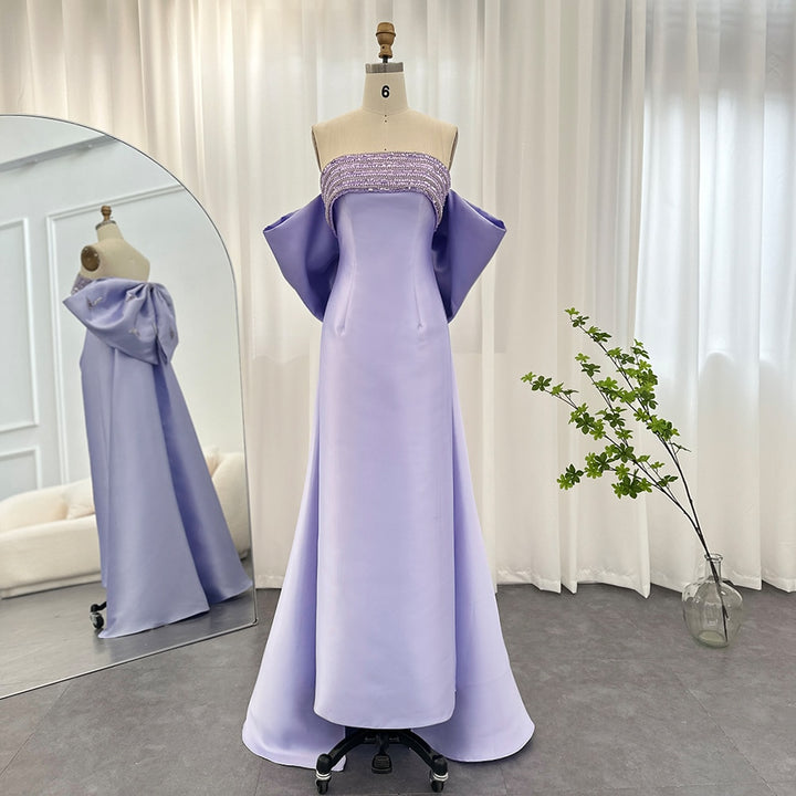 DreamyVow Luxury Dubai Lilac Arabic Evening Dresses with Bow Cape Beaded 2023 Elegant Women Wedding Formal Party Gowns 319