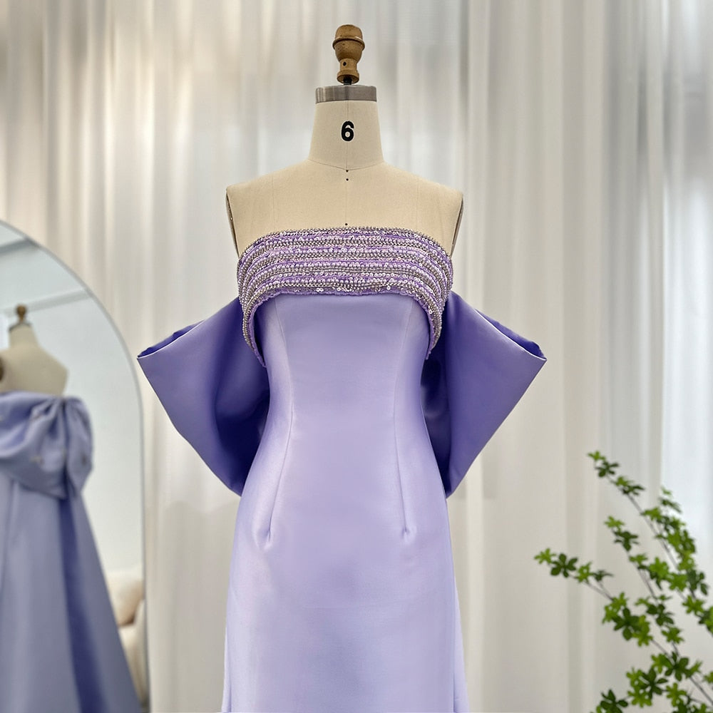 DreamyVow Luxury Dubai Lilac Arabic Evening Dresses with Bow Cape Beaded 2023 Elegant Women Wedding Formal Party Gowns 319