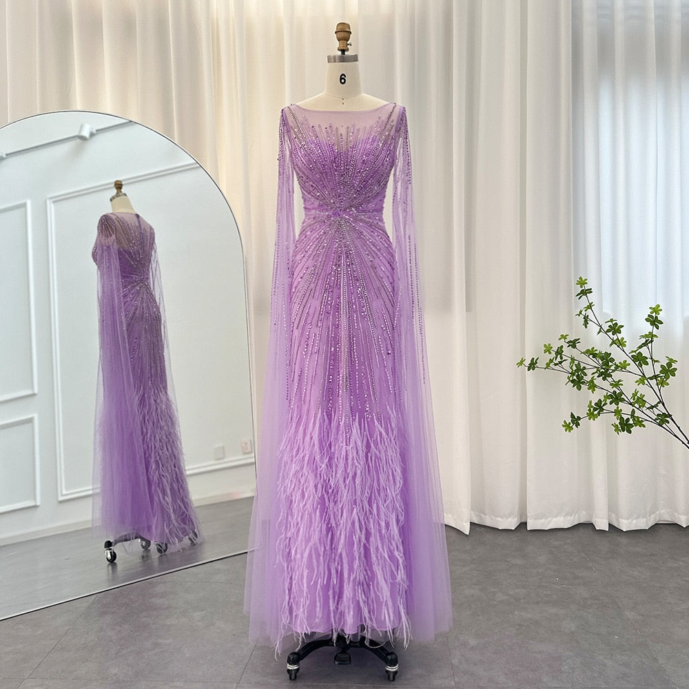 DreamyVow Luxury Dubai Lilac Feathers Evening Dresses with Cape Sleeves 2023 Arabic Long Women Wedding Party Prom Dress 196