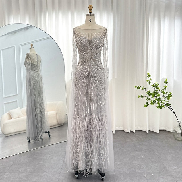 DreamyVow Luxury Dubai Lilac Feathers Evening Dresses with Cape Sleeves 2023 Arabic Long Women Wedding Party Prom Dress 196