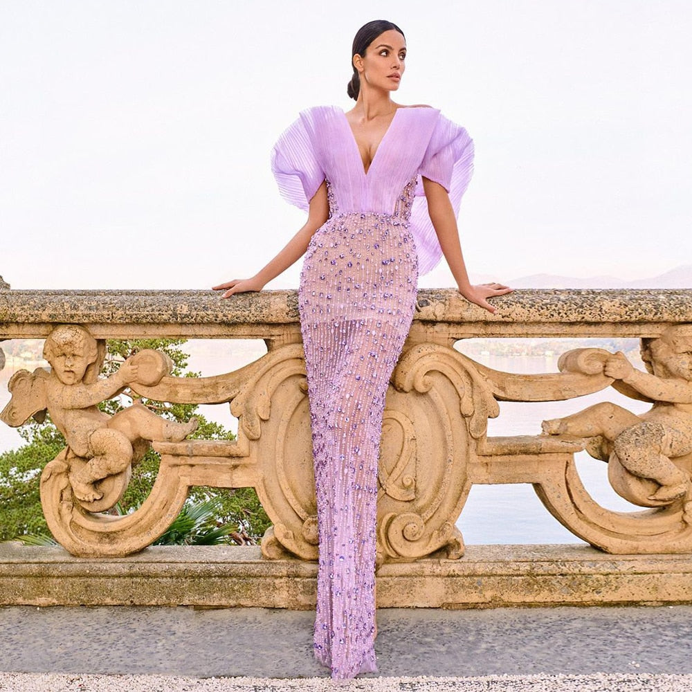 Dreamy Vow Luxury Dubai Lilac Long Evening Dress for Women Wedding Party 2023 Elegant Off Shoulder Arabic Formal Prom Gown 327