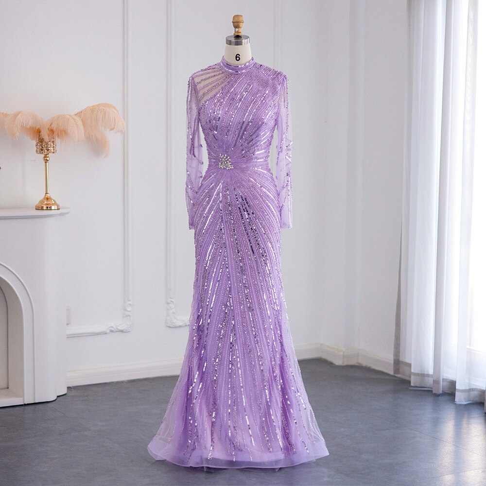 Dreamy Vow Luxury Dubai Lilac Mermaid Muslim Evening Dress Elegant Long Sleeves Gold Arabic Women Wedding Party Gowns 286