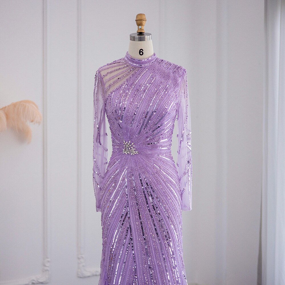 Dreamy Vow Luxury Dubai Lilac Mermaid Muslim Evening Dress Elegant Long Sleeves Gold Arabic Women Wedding Party Gowns 286