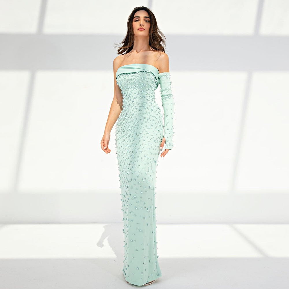 Dreamy Vow Luxury Dubai Pearls Mint Green Evening Dresses with Cape 2023 Sage Elegant Women Wedding Formal Party Gowns 378