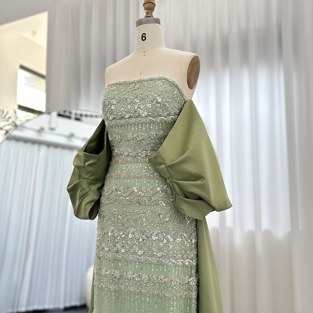 DreamyVow Luxury Dubai Sage Green Evening Dresses with Cape 2023 Arabic Blue Beaded Elegant Women Wedding Party Gowns 238