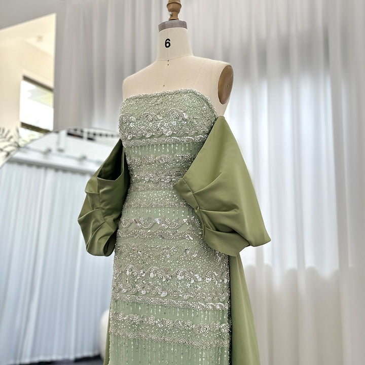 DreamyVow Luxury Dubai Sage Green Evening Dresses with Cape 2023 Arabic Blue Beaded Elegant Women Wedding Party Gowns 238