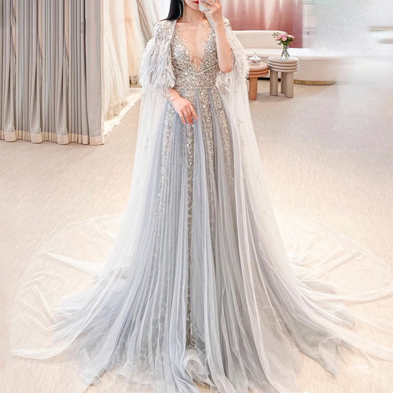 DreamyVow Luxury Dubai Silver Grey Evening Dresses with Feather Cape Shawl Arabic Women Wedding Party Formal Prom Dress 147