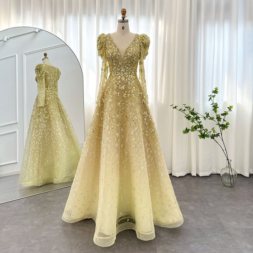 Dreamy Vow Luxury Dubai Yellow Arabic Evening Dress 2023 Elegant Long Sleeve Blue Muslim Women Wedding Formal Party Gowns 291