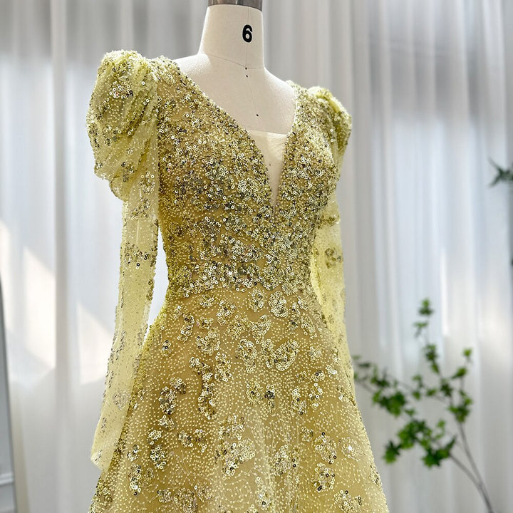 Dreamy Vow Luxury Dubai Yellow Arabic Evening Dress 2023 Elegant Long Sleeve Blue Muslim Women Wedding Formal Party Gowns 291