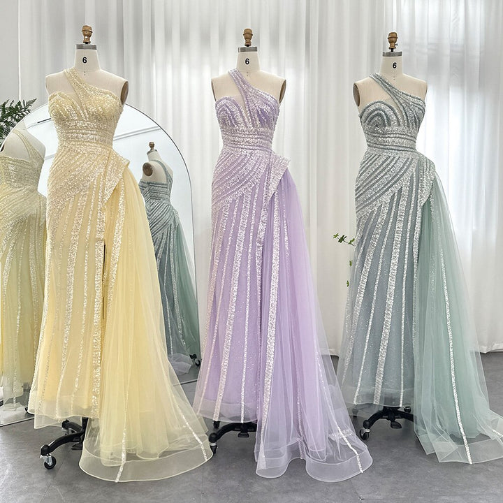Dreamy Vow Luxury Yellow One Shoulder Mermaid Evening Dresses for Woman Wedding Party High Split Prom Formal Gowns 325