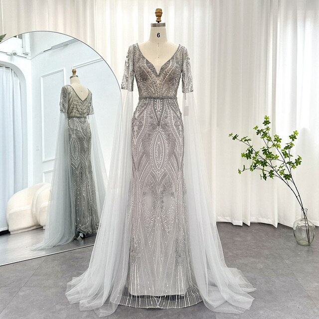 DreamyVow Luxury Emerald Green Evening Dresses with Cape Sleeves 2023 Elegant Rose Gold Gray Women Wedding Party Gowns 152