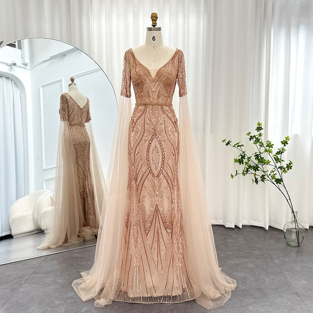 DreamyVow Luxury Emerald Green Evening Dresses with Cape Sleeves 2023 Elegant Rose Gold Gray Women Wedding Party Gowns 152