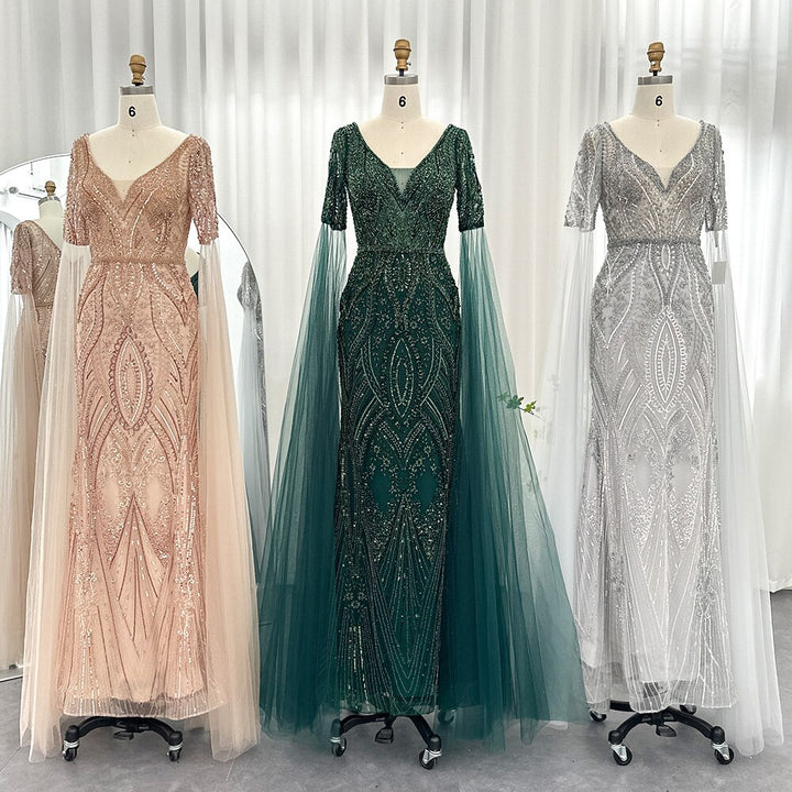 DreamyVow Luxury Emerald Green Evening Dresses with Cape Sleeves 2023 Elegant Rose Gold Gray Women Wedding Party Gowns 152