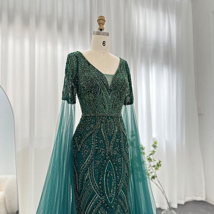 DreamyVow Luxury Emerald Green Evening Dresses with Cape Sleeves 2023 Elegant Rose Gold Gray Women Wedding Party Gowns 152