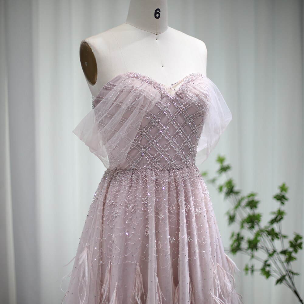 Dreamy Vow Luxury Feather Pink Dubai Evening Dresses Elegant Off Shoulder Beaded Champagne Formal Dress for Women Wedding 278