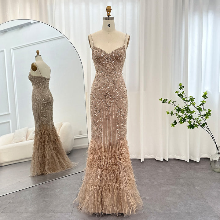 Dreamy Vow Luxury Feathers Champagne Evening Dresses for Women Wedding Spaghetti Straps Mermaid Long Party Prom Dresses 171