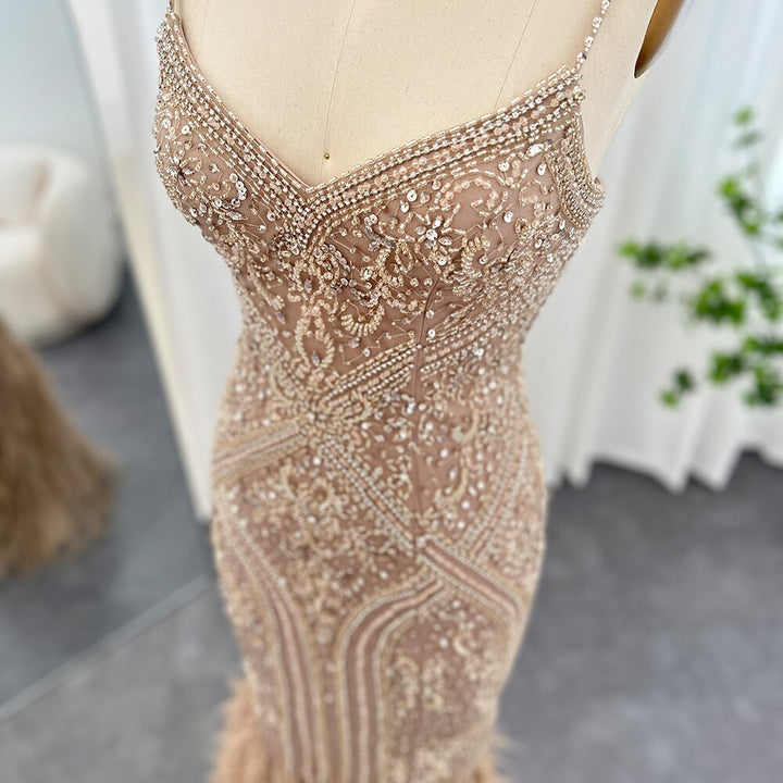 Dreamy Vow Luxury Feathers Champagne Evening Dresses for Women Wedding Spaghetti Straps Mermaid Long Party Prom Dresses 171