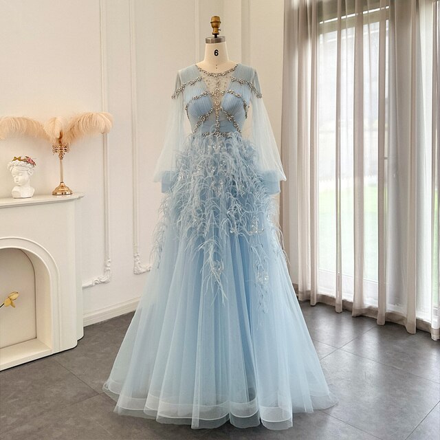 Dreamy Vow Luxury Feathers Dubai Blue Evening Dresses for Women Wedding Party Crystal Arabic Long Sleeve Formal Prom Gown 108