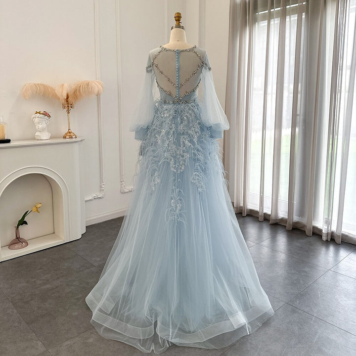 Dreamy Vow Luxury Feathers Dubai Blue Evening Dresses for Women Wedding Party Crystal Arabic Long Sleeve Formal Prom Gown 108