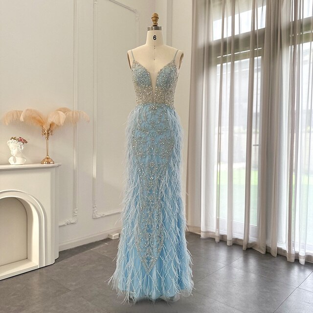 Dreamy Vow Luxury Feathers Mermaid Champagne Evening Dresses for Women Wedding 2023 Spaghetti Straps Prom Formal Gowns 374